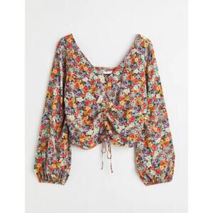 Womens H&M Boho Rayon Floral Puff Sleeve Cropped Blouse Small Spring Summer